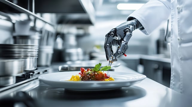 A robotic hand places garnish on a plate in a restaurant kitchen. 