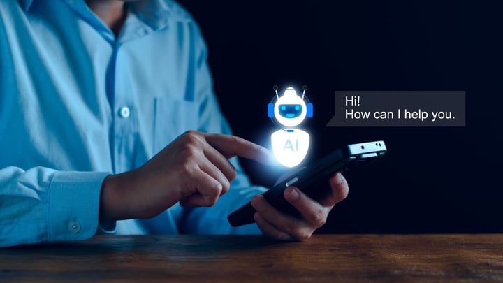 A man holds a device, and an AI robot icon asks 
