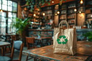 A brown-paper bag with a green recycling symbol sits on a restaurant table.