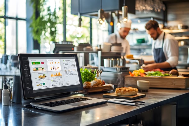 An open laptop on a restaurant table shows charts and graphs on a data dashboard. 